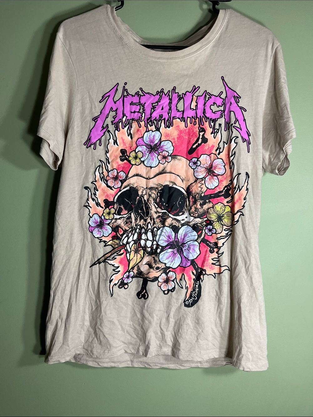 Metallica Floral Skull Graphic Tee - Beige with Pink Accents
